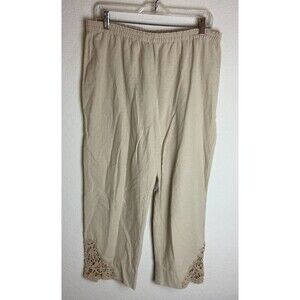 Soft Surroundings Womens Pants Beige Size PL Pull On Cotton Floral Embroidered